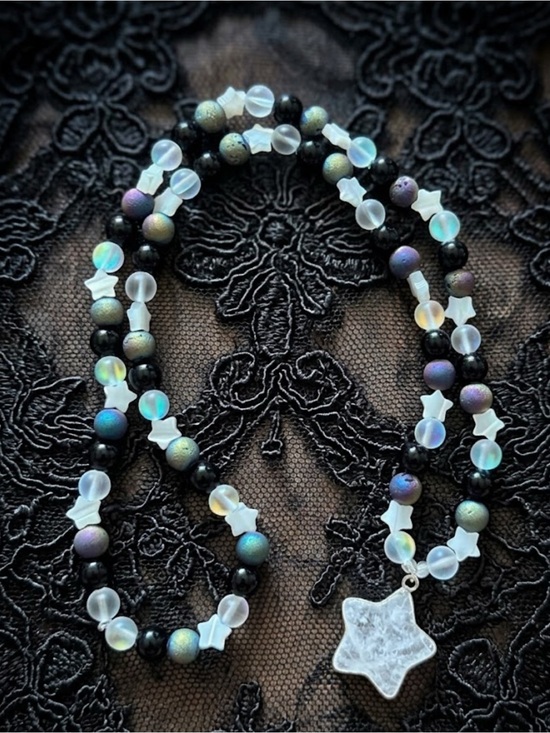 ADSICK🤍 Jewelry - Rainbow DreamMare Necklace (Rainbow Druzy Agate, Black Obsidian, MOP, Quartz)